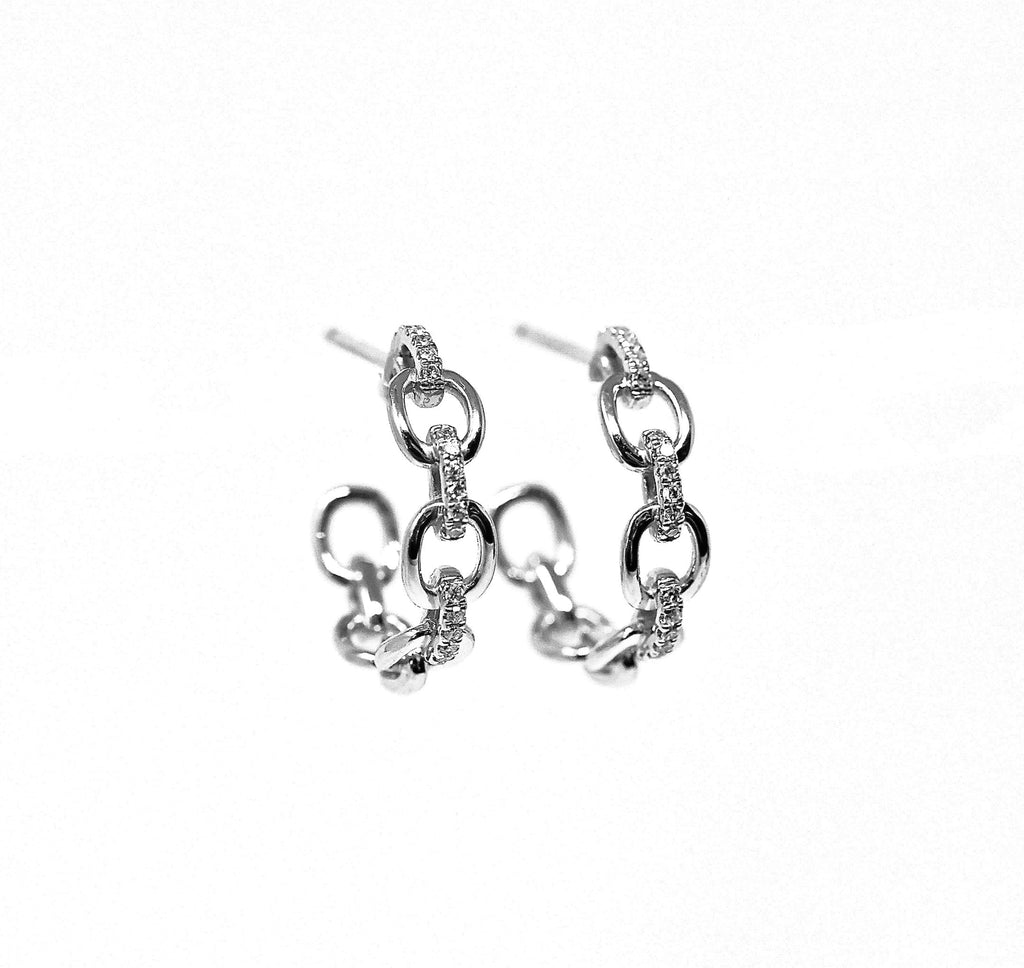 JL Rocks Fine Jewelry, Diamond + Link Hoop Earrings Medium in White Gold