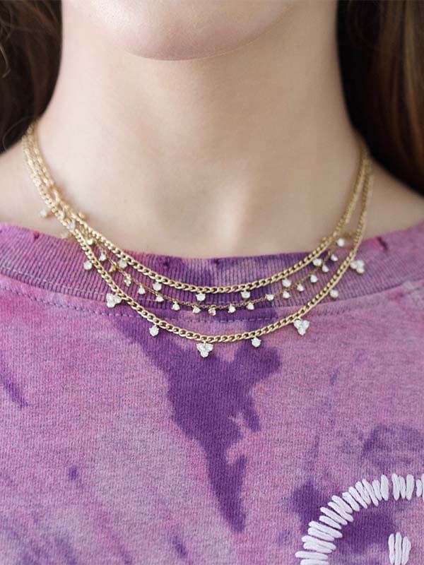 Close up photo of young woman’s neck modeling JL Rocks necklaces