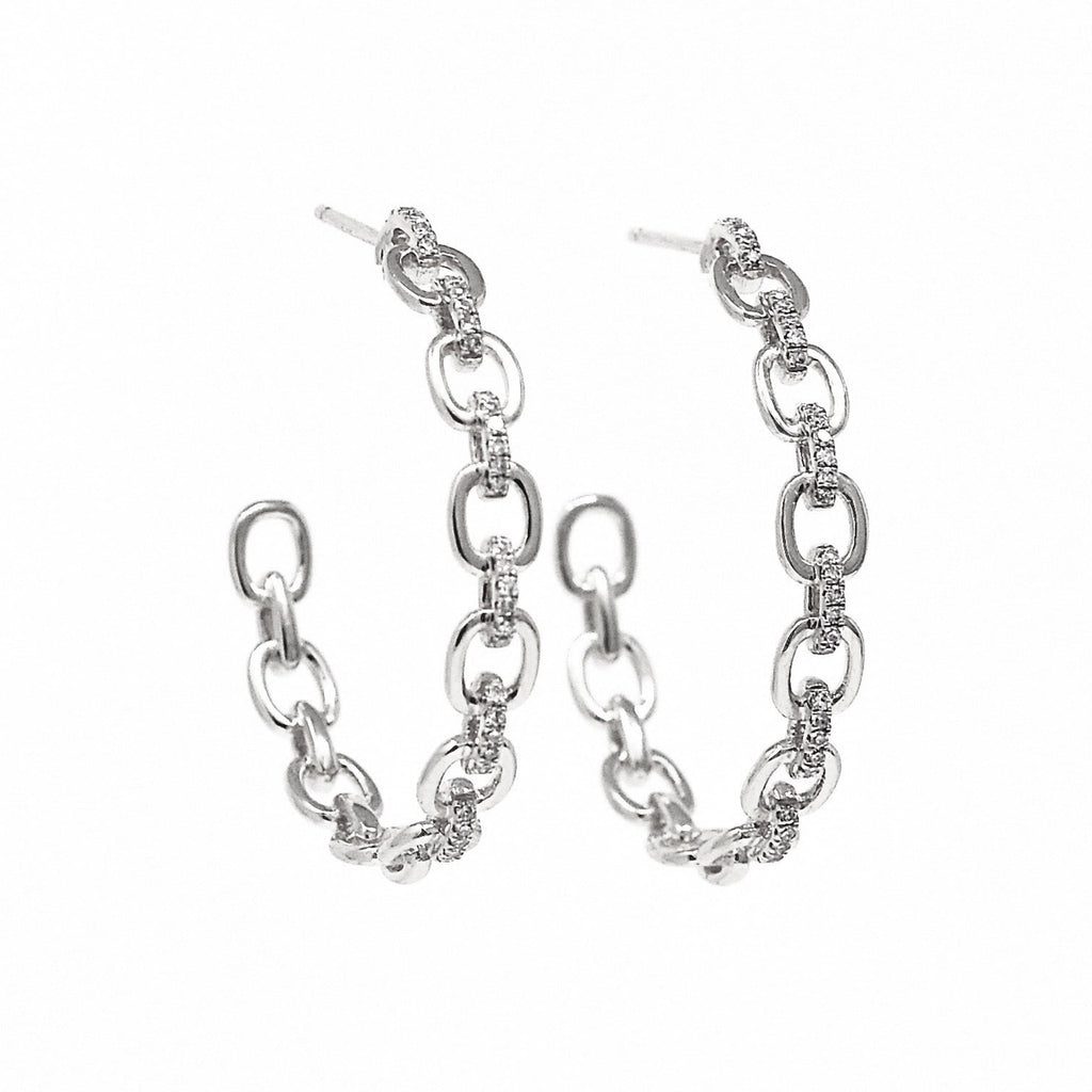 JL Rocks Fine Jewelry, Diamond + Link Hoop Earrings Large in White Gold