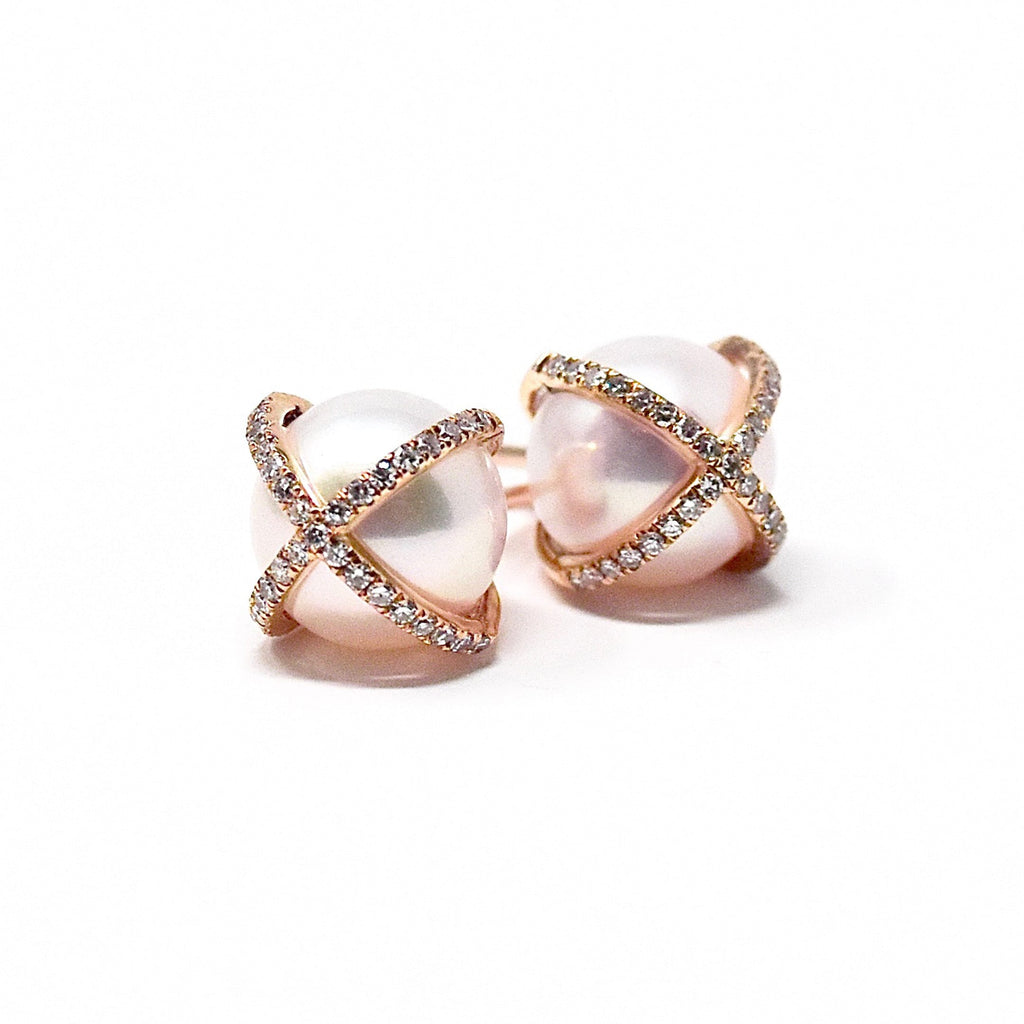 JL Rocks Fine Jewelry, Pearl Studs with X Cross Earrings in Rose Gold