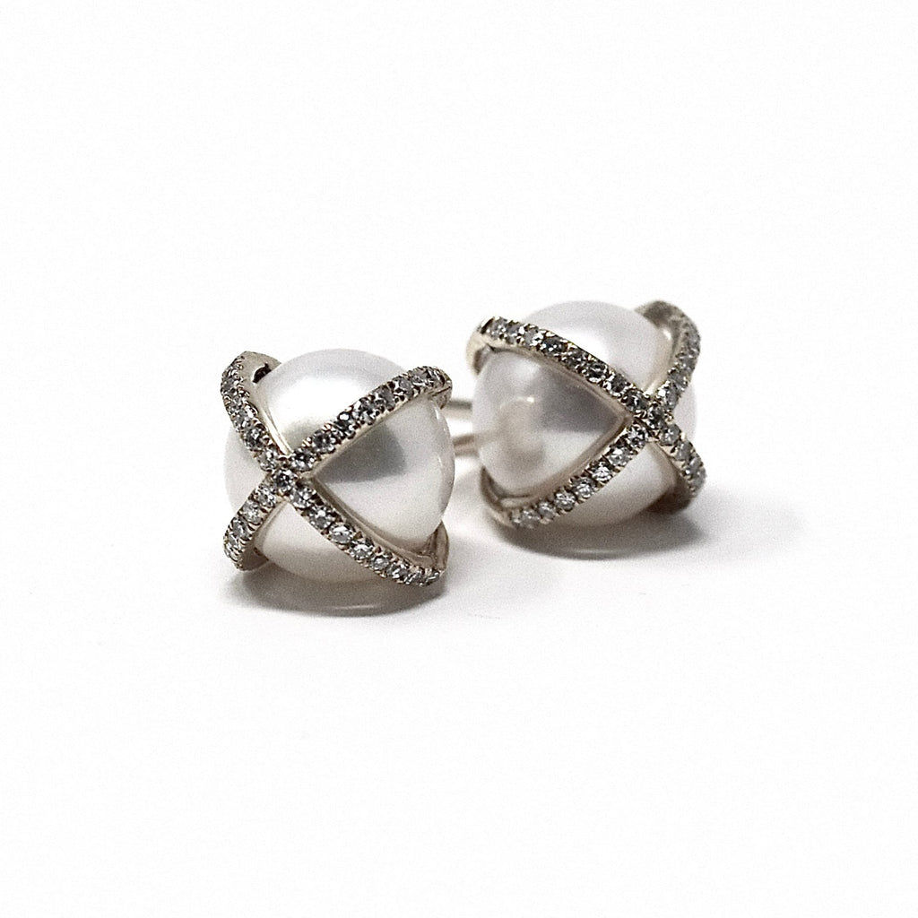 JL Rocks Fine Jewelry, Pearl Studs with X Cross Earrings in White Gold