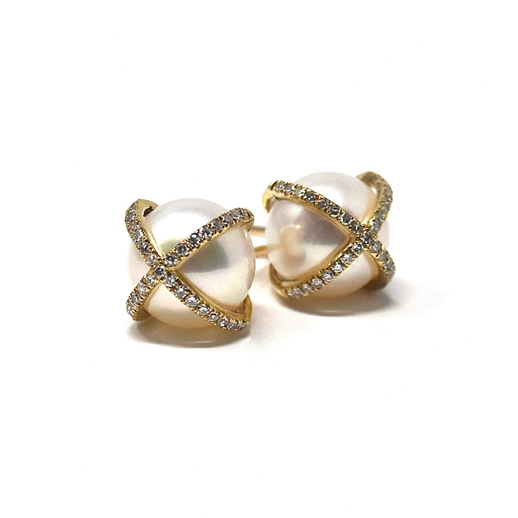 JL Rocks Fine Jewelry, Pearl Studs with X Cross Earrings in Yellow Gold